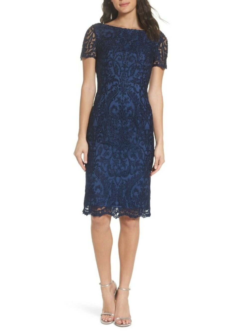 🆕LA FEMME Navy Blue Beaded Crystal Lace Cocktail Dress Navy Blue 8